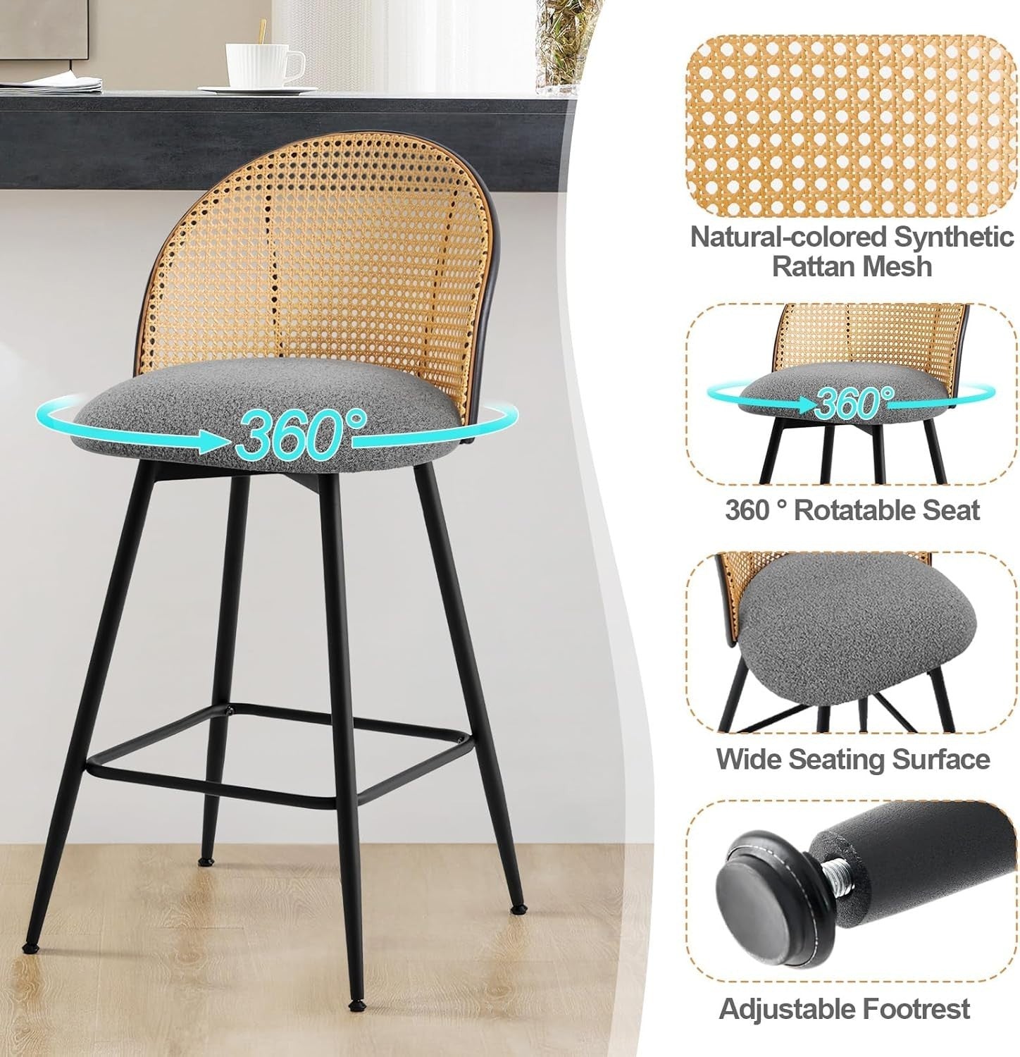 Swivel Bar Stools Set of 4 Rattan Back Upholstered Counter Height Kitchen Seats