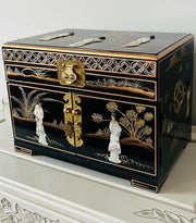 Black Chinese Jewellery Box Hand Painted Mother of Pearl Lockable