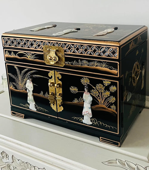 Black Chinese Jewellery Box Hand Painted Mother of Pearl Lockable