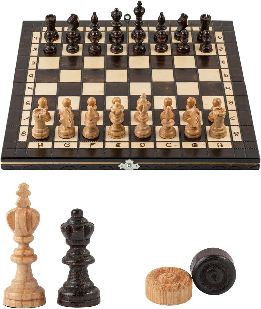 35cm Cherry Wood Chess & Draughts Set | 2-in-1 Folding Board Game for Adults & K