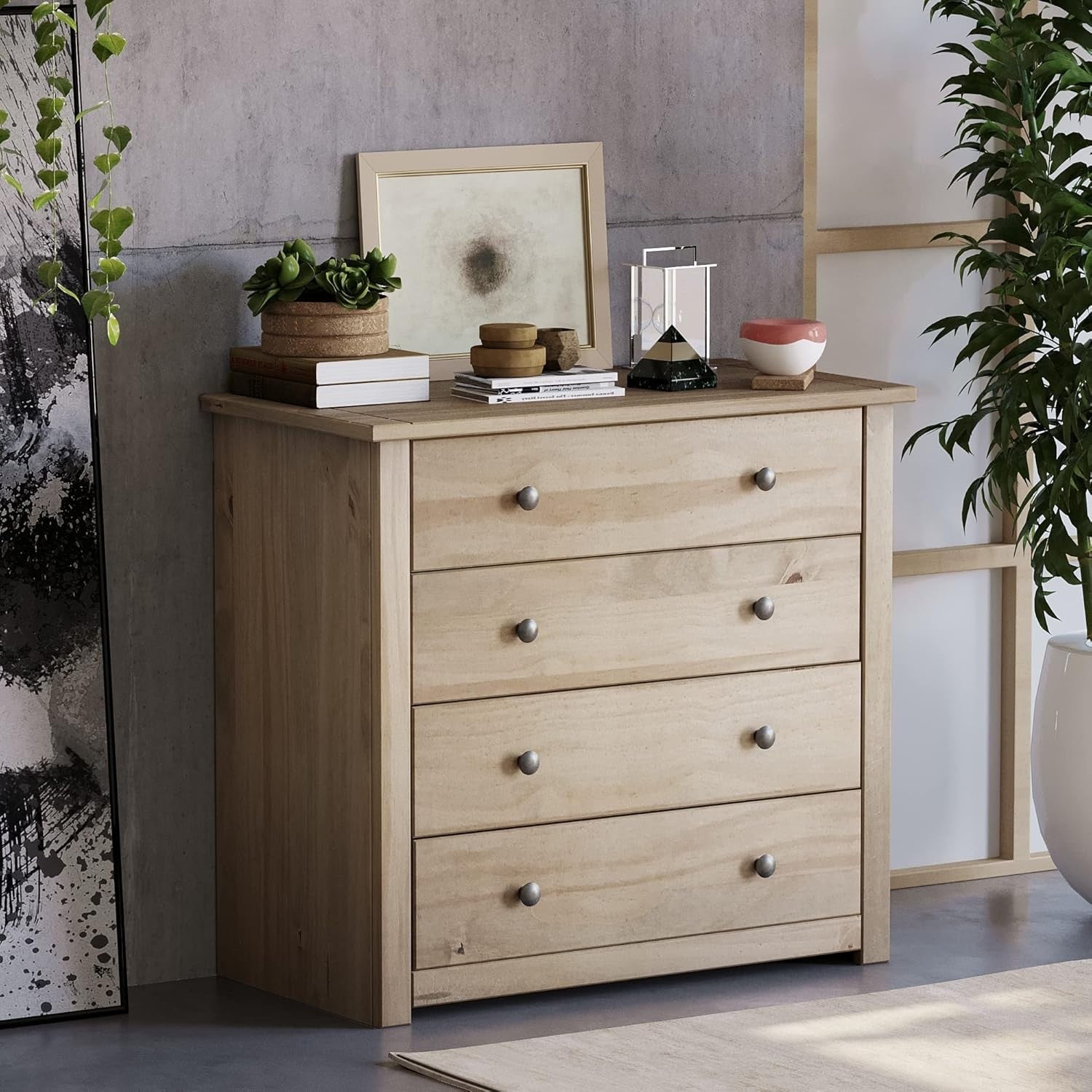 Solid Pine 4 Drawer Chest Wood Wax Finish Storage Unit Bedroom Modern