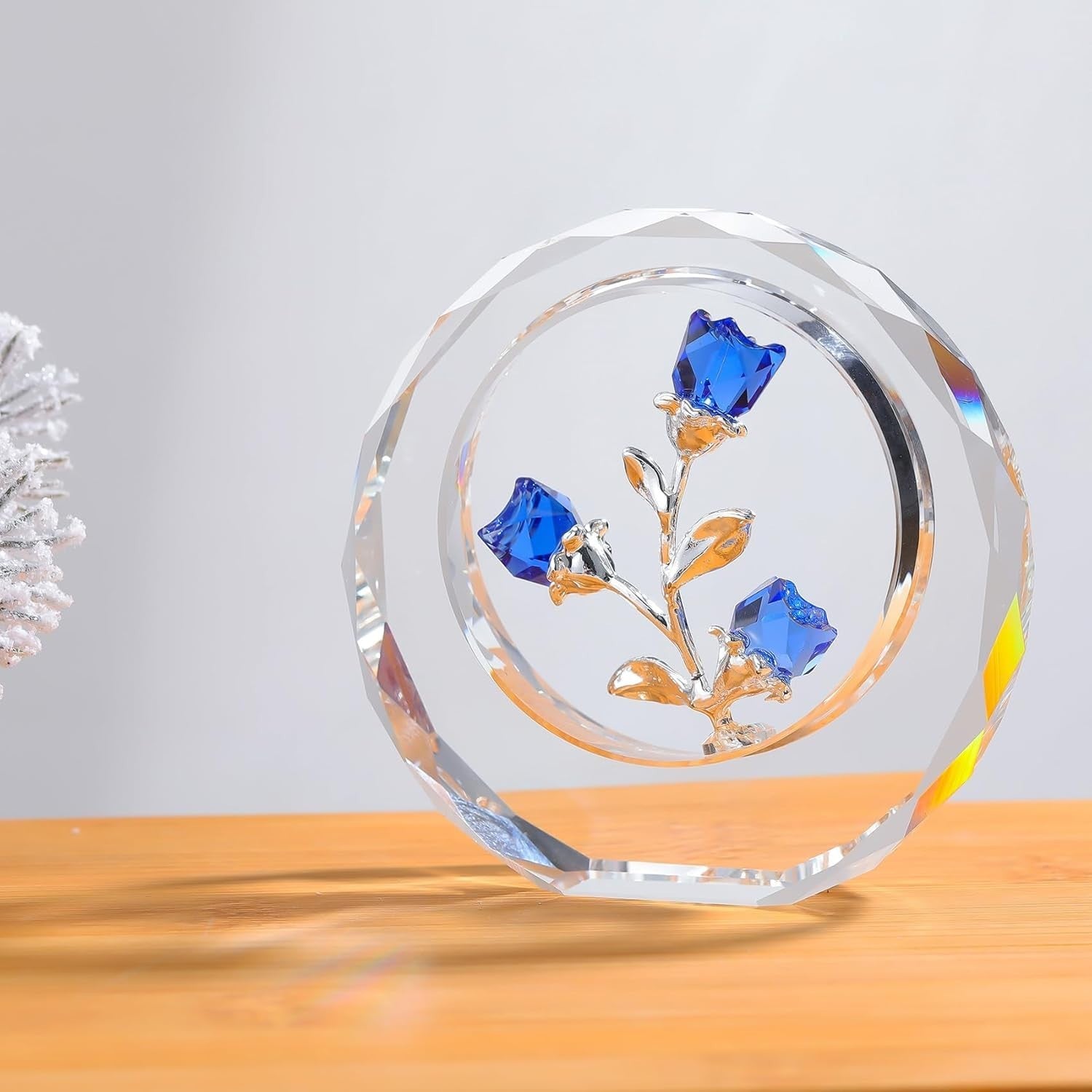 Blue Crystal Rose Bouquet Ornament • Glass Flower Figurine Gift for Women