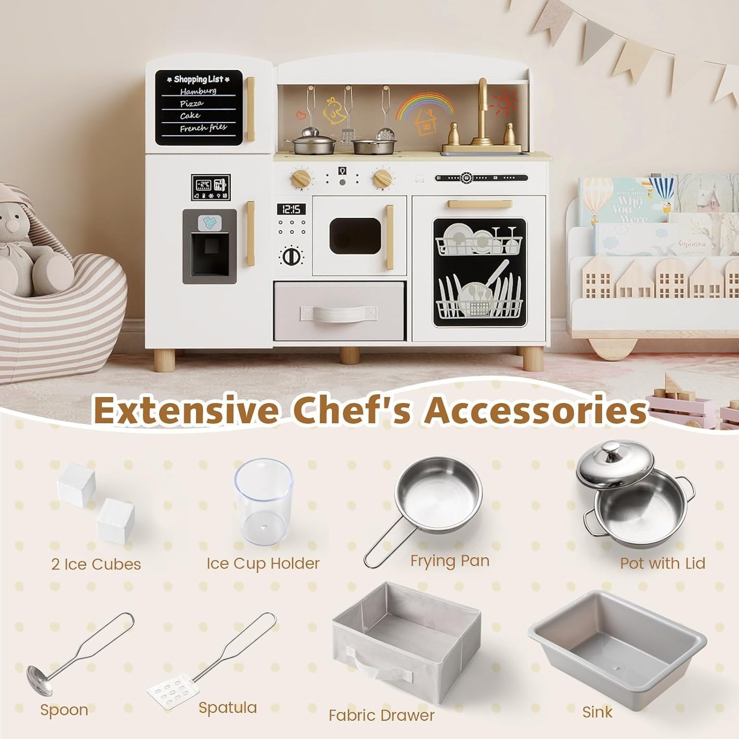 Wooden Kids Play Kitchen White w/ Ice Maker Sink Blackboard Set