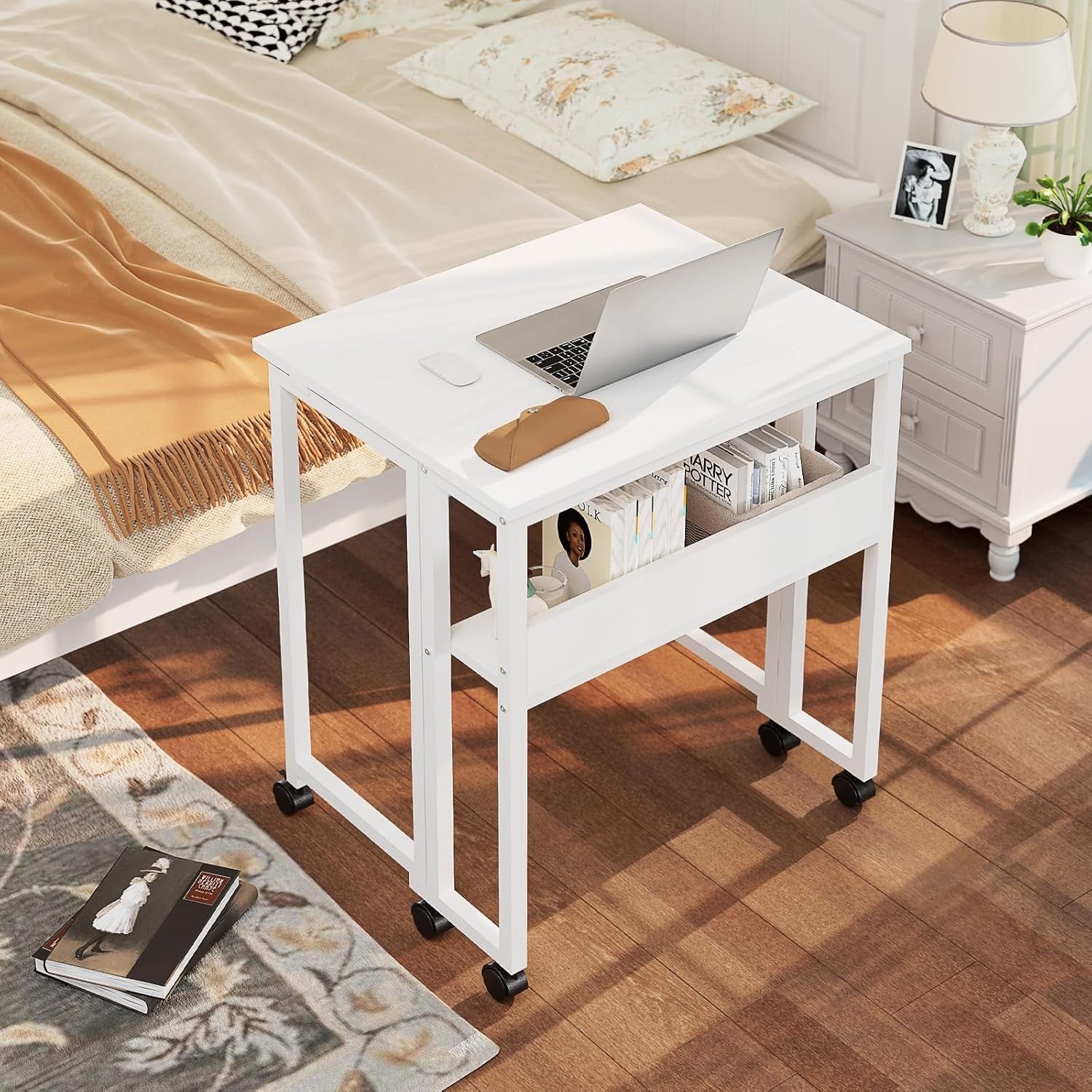 Folding Computer Desk on Wheels with Storage Shelf Space Saving White 63cm