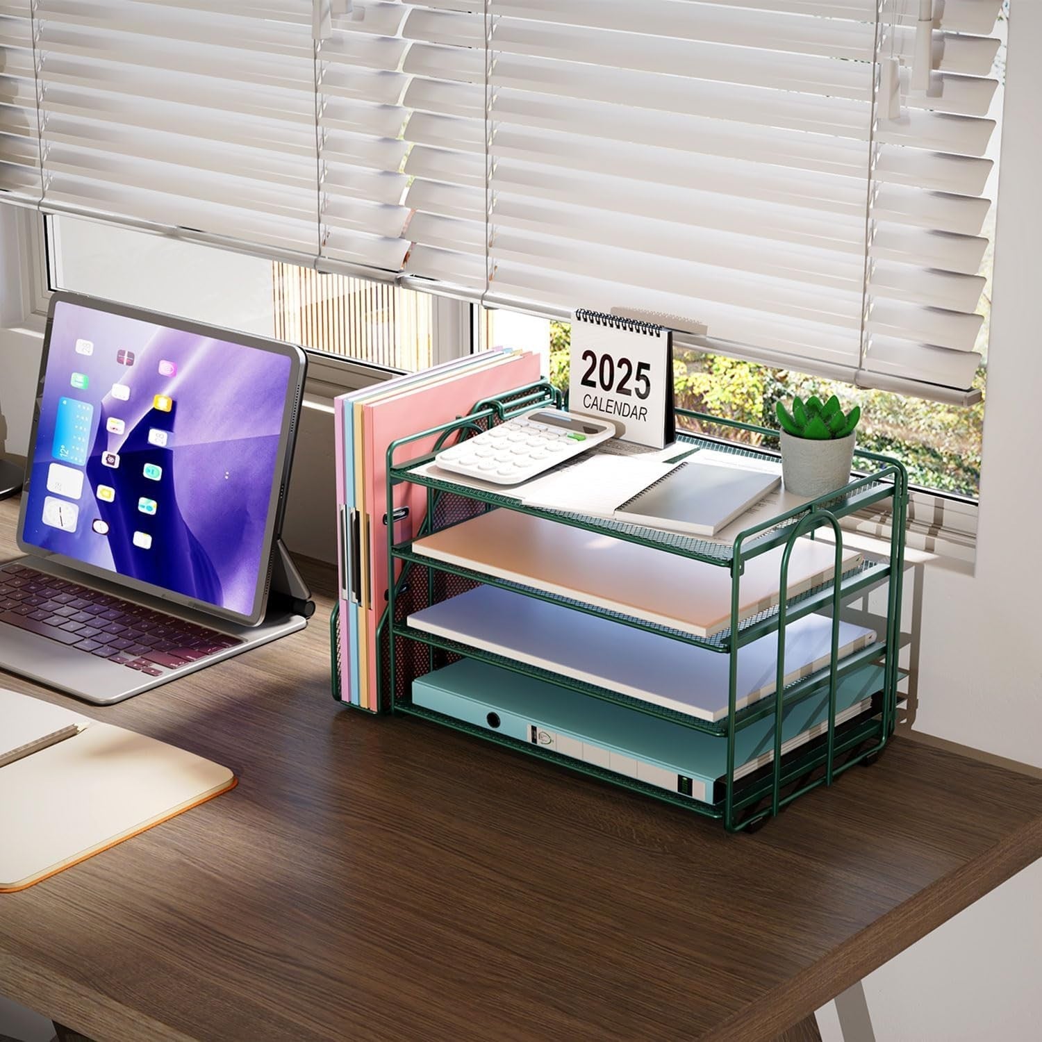 4-Tier Desk Organizer with Magazine Rack – Metal File & Paper Storage, Green