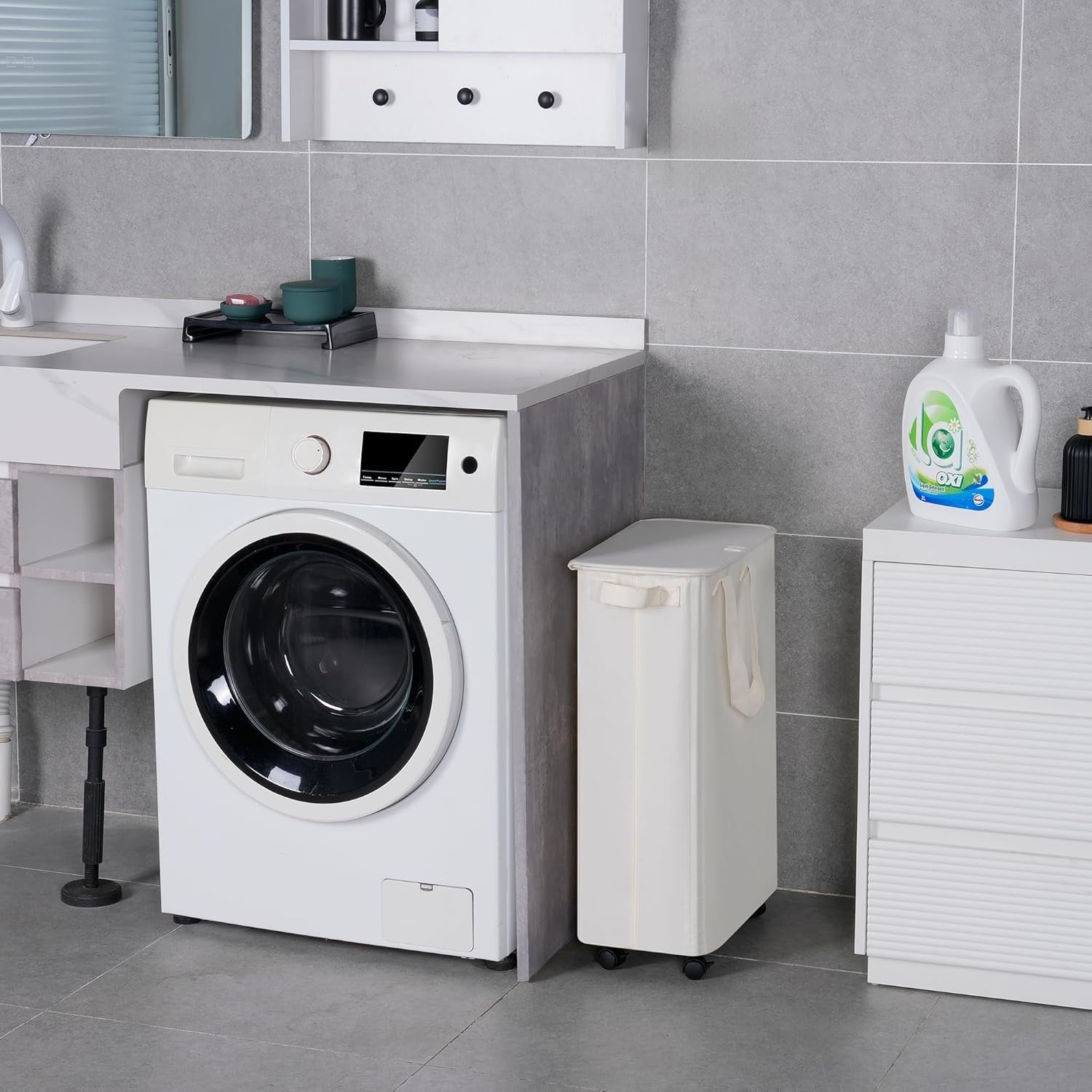 Slim 55L Laundry Hamper with Lid & Wheels – Narrow Rolling Clothes Basket for Sm