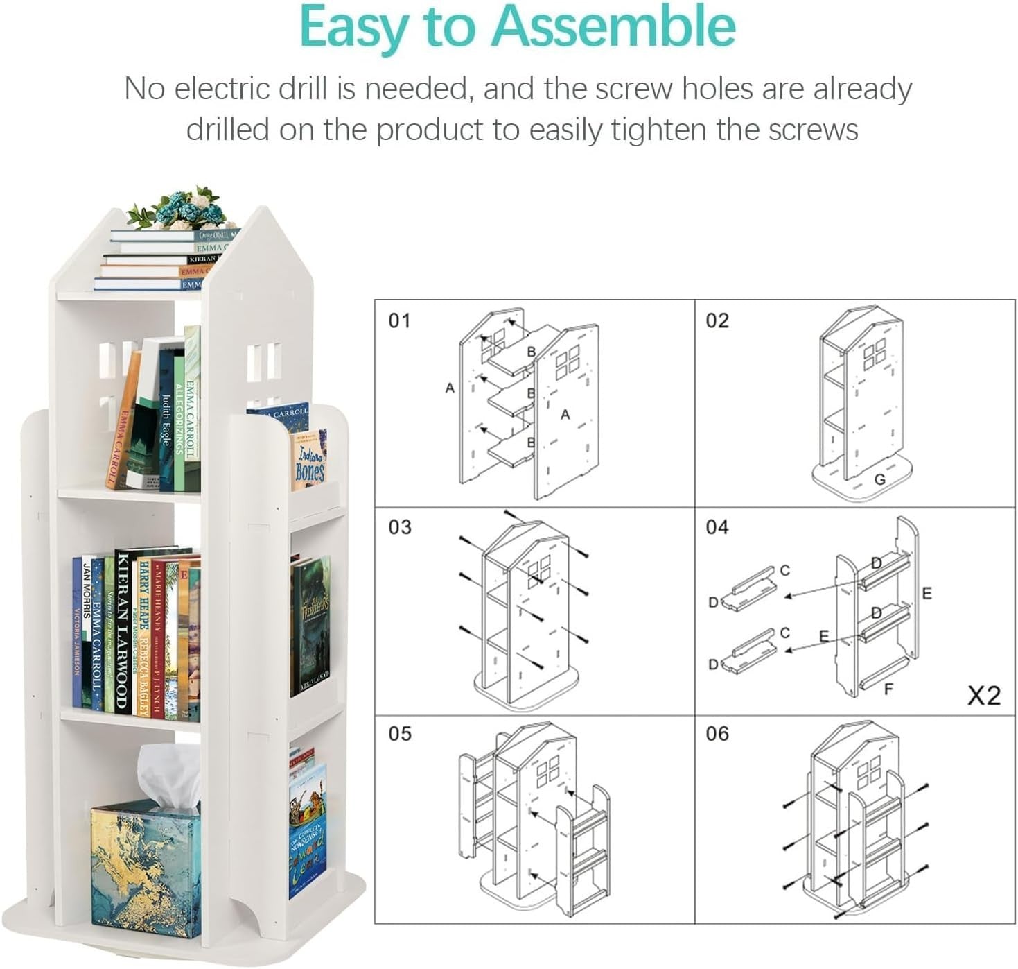 360° Rotating 3-Tier Kids Bookshelf – House Shape, Space Saving Storage