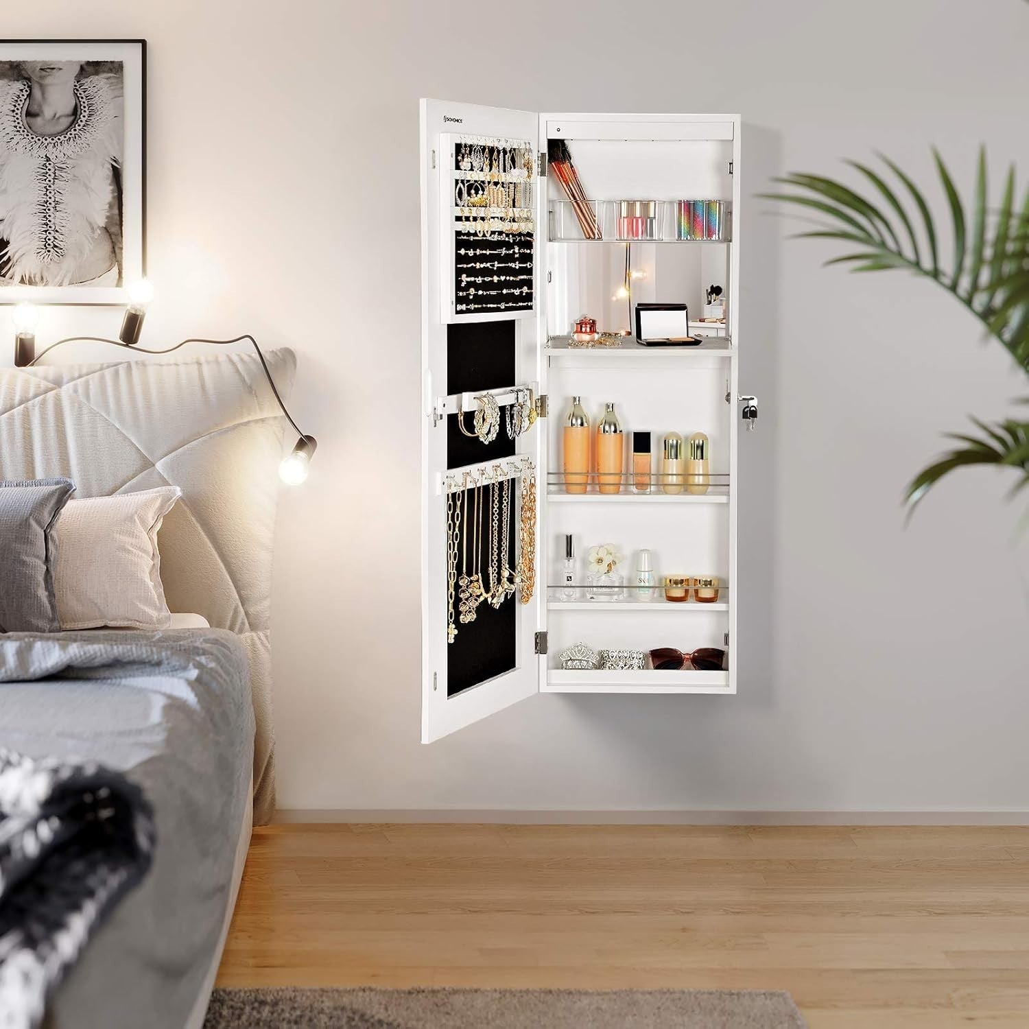 White Extra Wide Mirrored Jewelry Cabinet Lockable Storage Stand