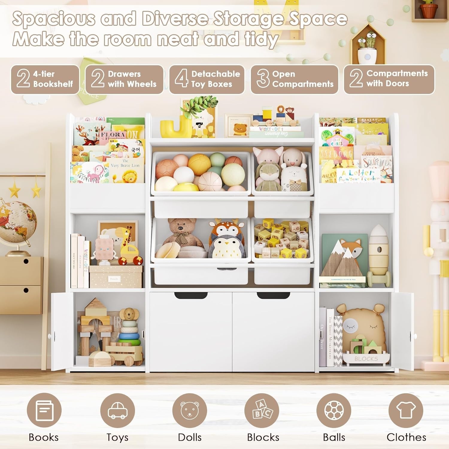 Kids Toy Storage Cabinet Bookshelf with Drawers Doors Bins 6-in-1 Unit White