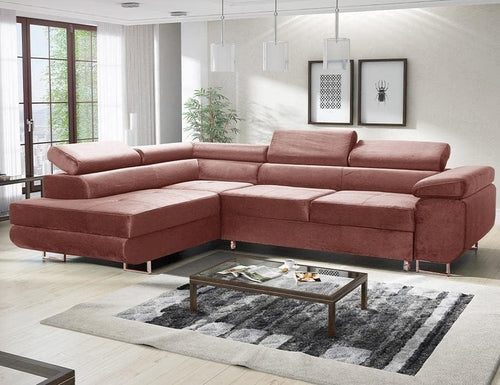 Pink Corner Sofa Bed with Storage, Headrests, Modern L Shape