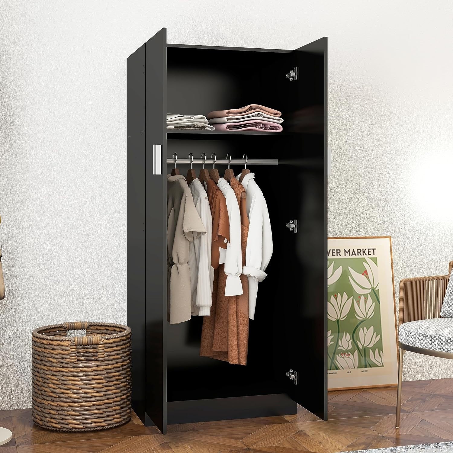 Black 2-Door Wardrobe with Shelf & Hanging Rail – Modern Slimline Storage