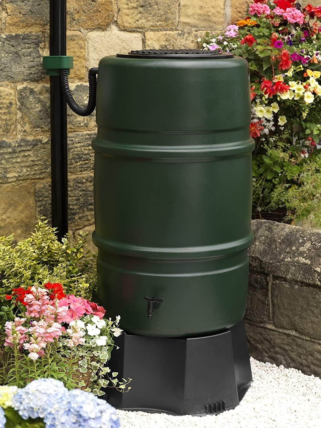 227L Green Water Butt Kit With Stand, Tap & Diverter Rain Collector