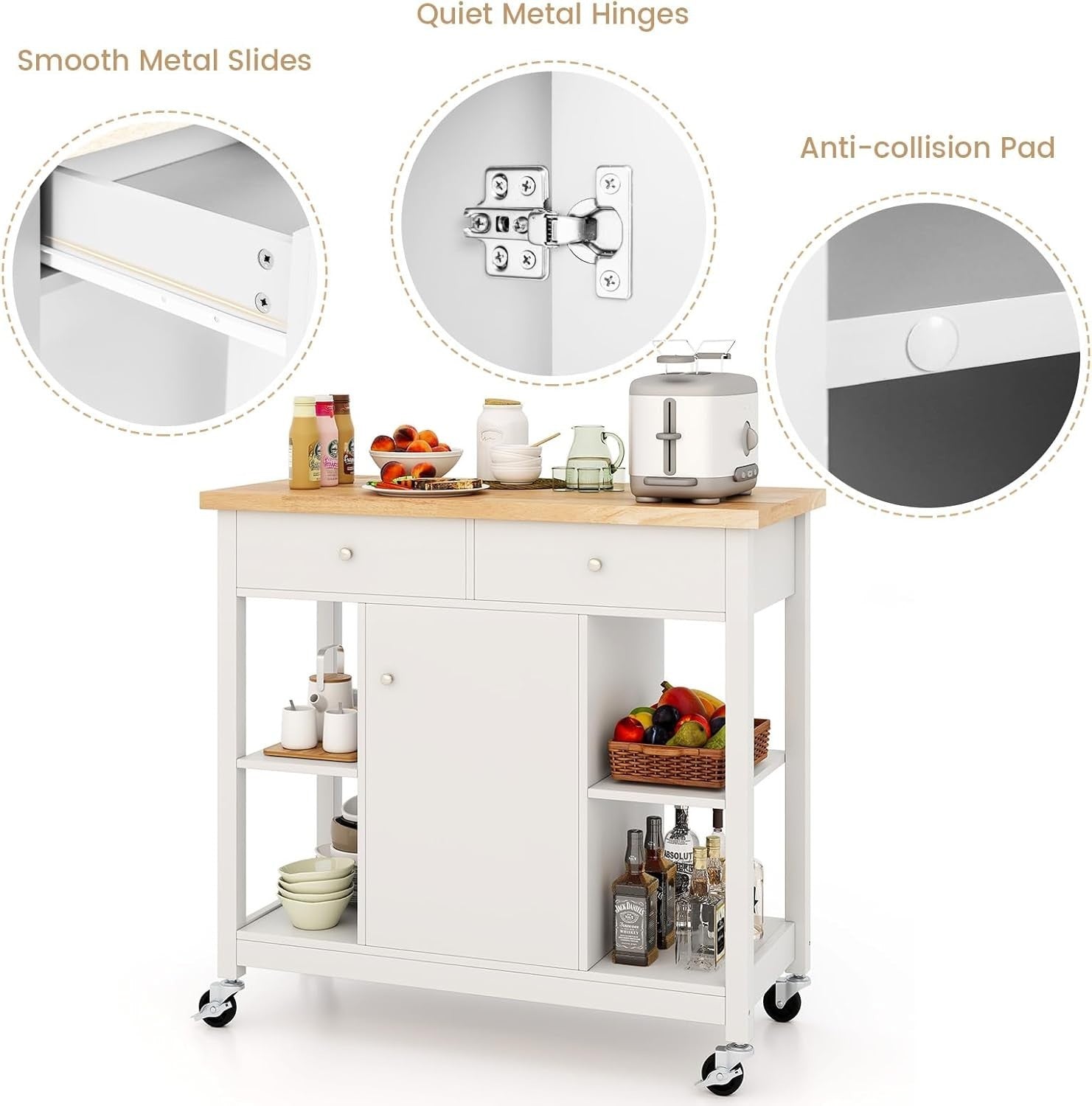 Kitchen Island Trolley with Drawers & Adjustable Shelf White 99x46x90cm