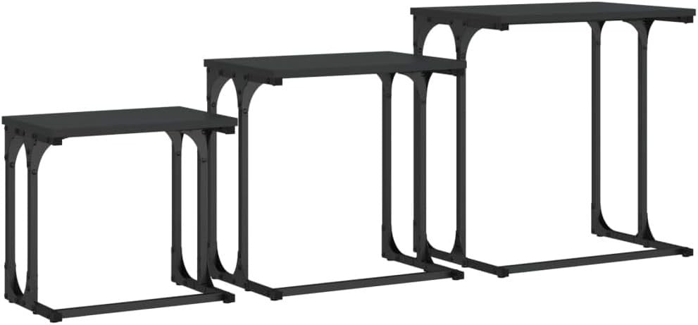 3x Nesting Coffee Table Set Black Engineered Wood Metal Frame Side Tables
