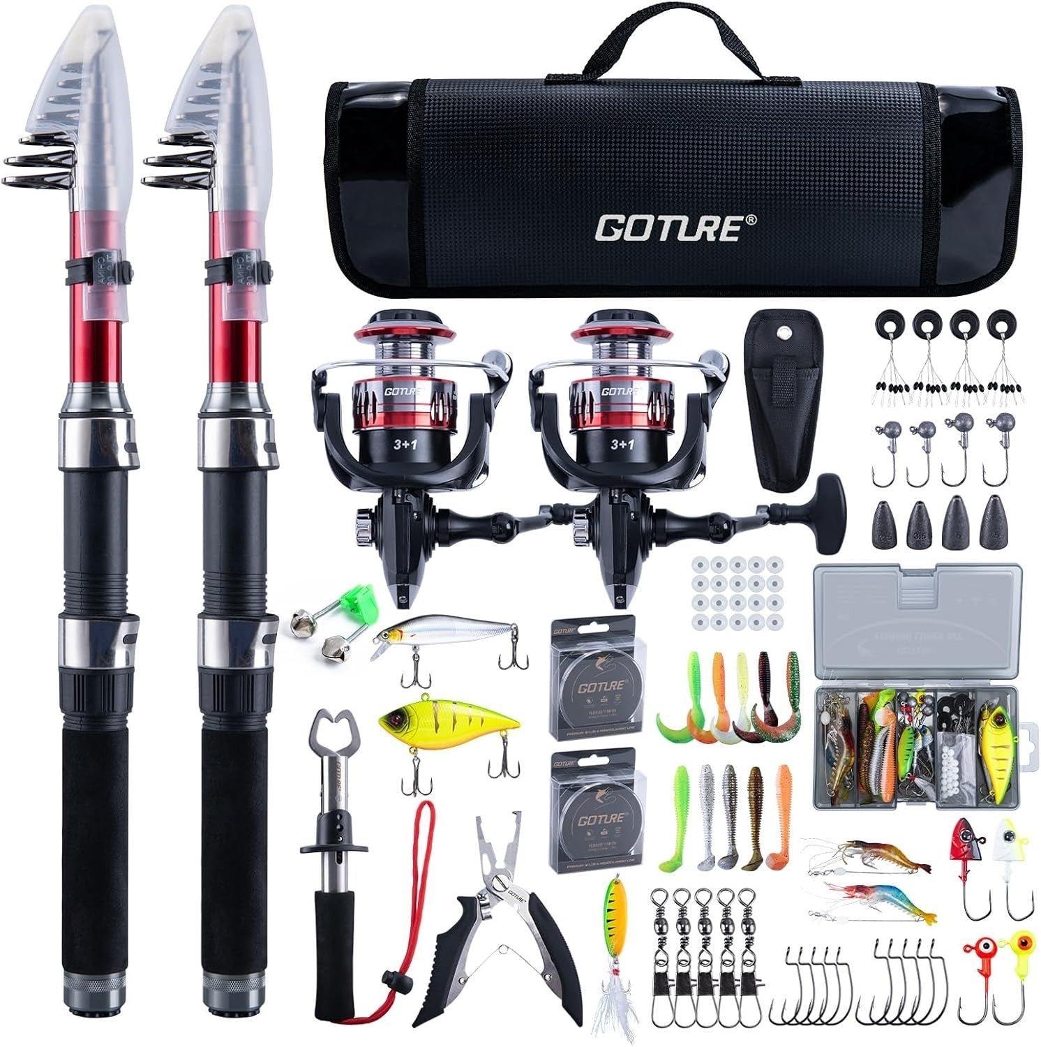 2-Piece Telescopic Fishing Rod Reel Kit with Carrier Bag & Full Accessories