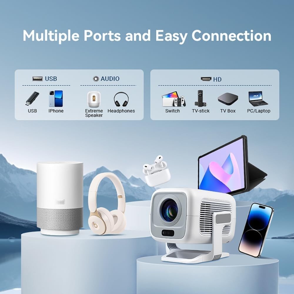Mini 1080P Smart Projector 4K WiFi 6 Bluetooth Auto Focus 180°