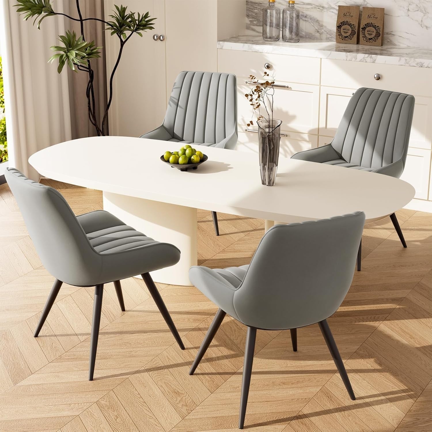Set of 6 Modern Upholstered Dining Chairs | Thick Cushions, Metal Legs