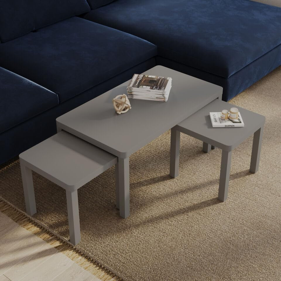 3 Nesting Coffee Tables Set Storage Side End Accent Modern Wood Grey