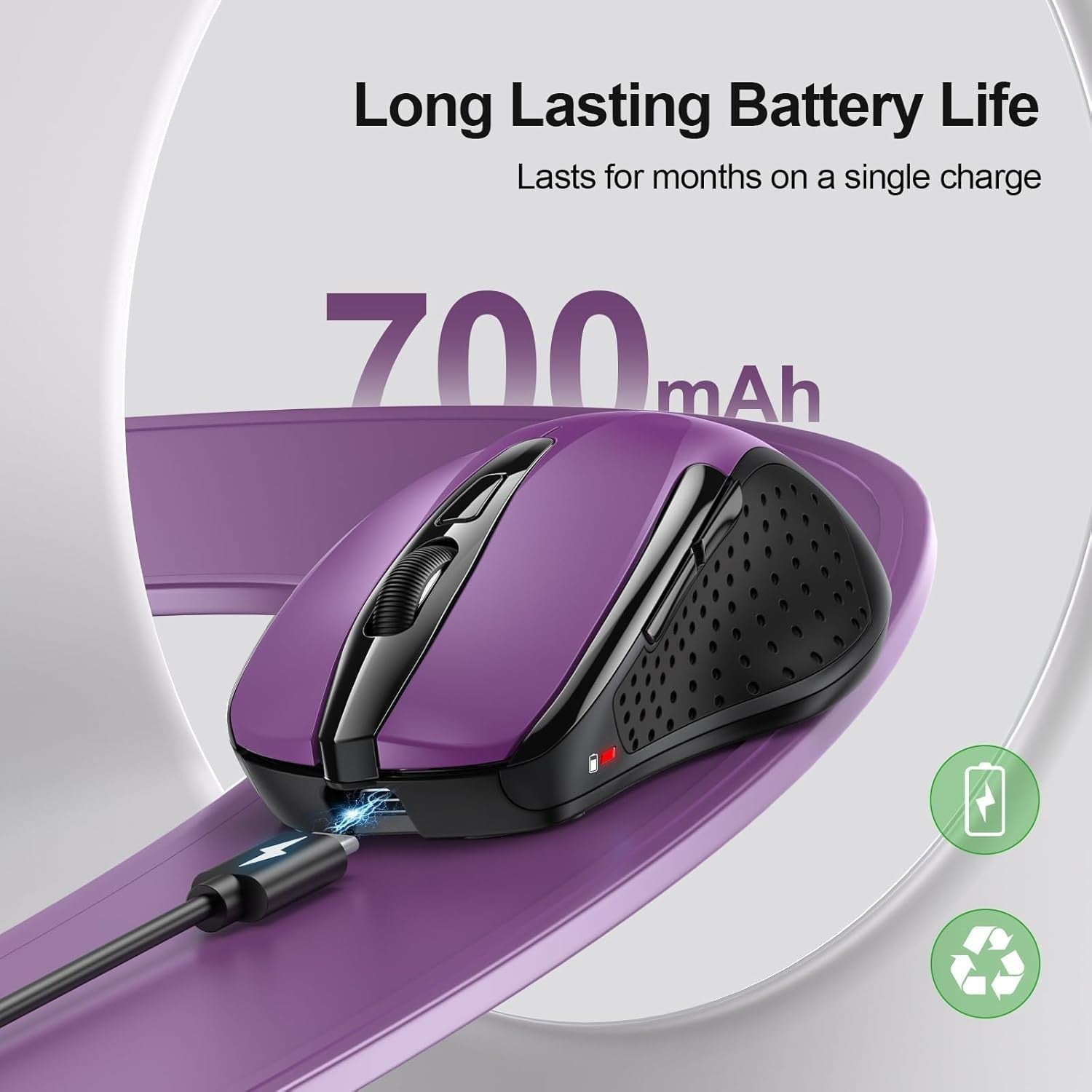 Silent Tri Mode Wireless Mouse 4800DPI Rechargeable Ergonomic Bluetooth Purple