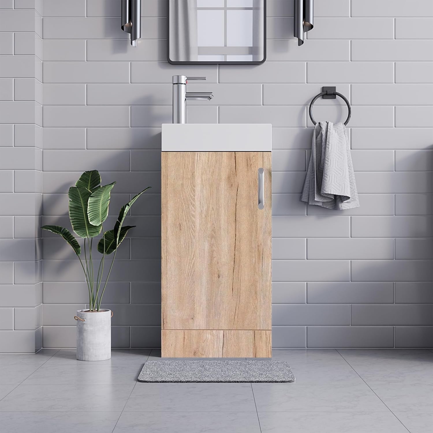 Wood Grain Vanity Unit with Basin Trap & Waste – 40cm Under Sink Storage Cabinet