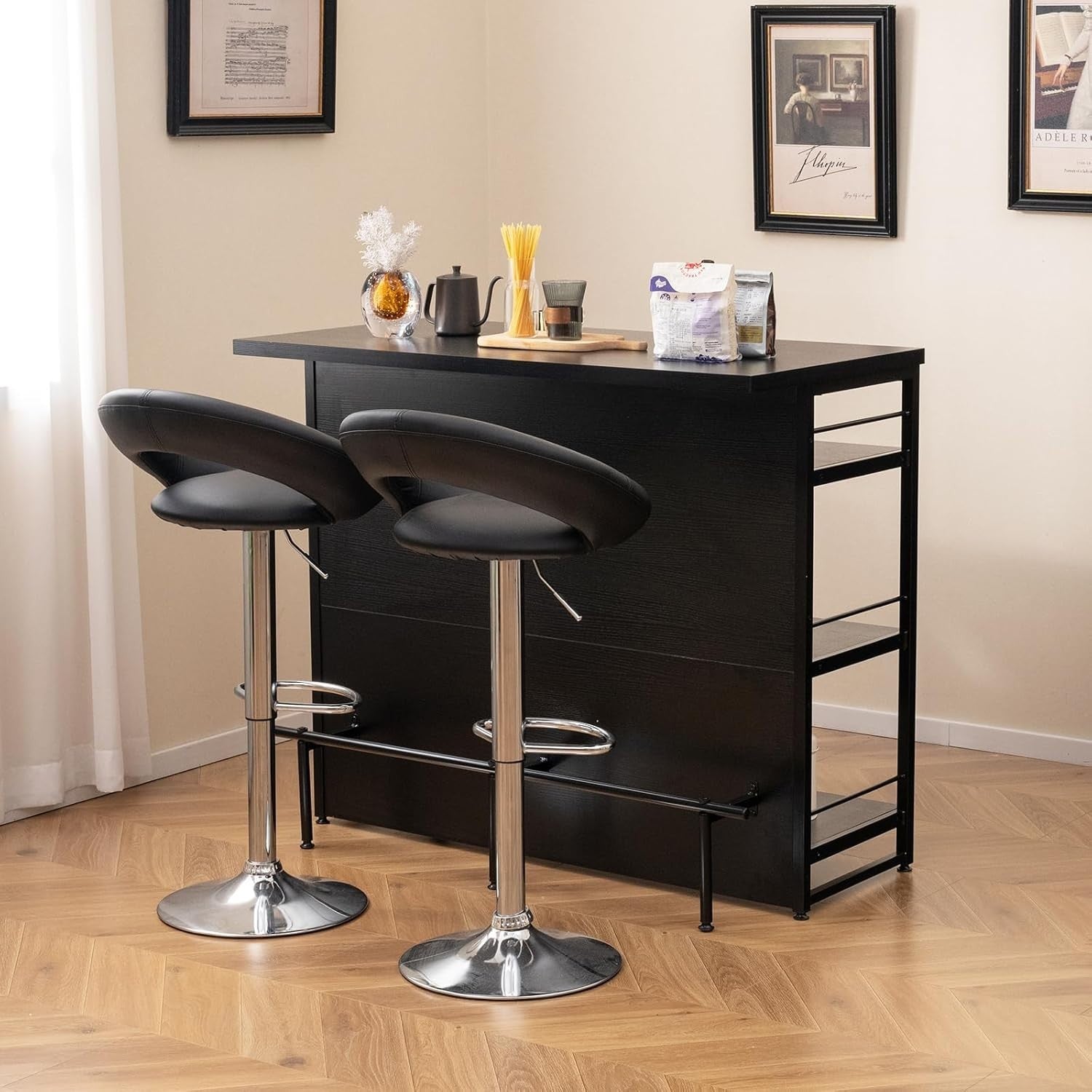 Industrial Kitchen Island Bar Table with Wine Rack, Shelves & Glass Holder