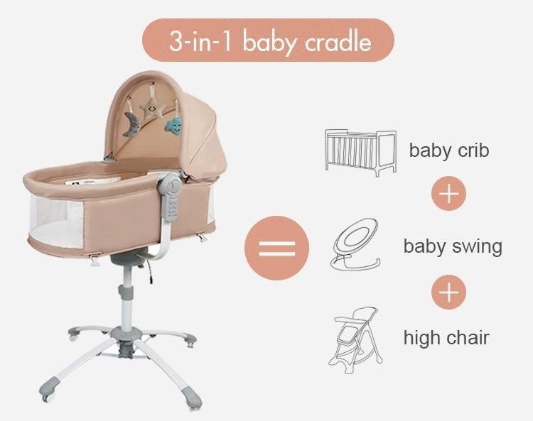 3in1 Electric Baby Cradle Bluetooth Bassinet with Music, Remote & Wheels Khaki