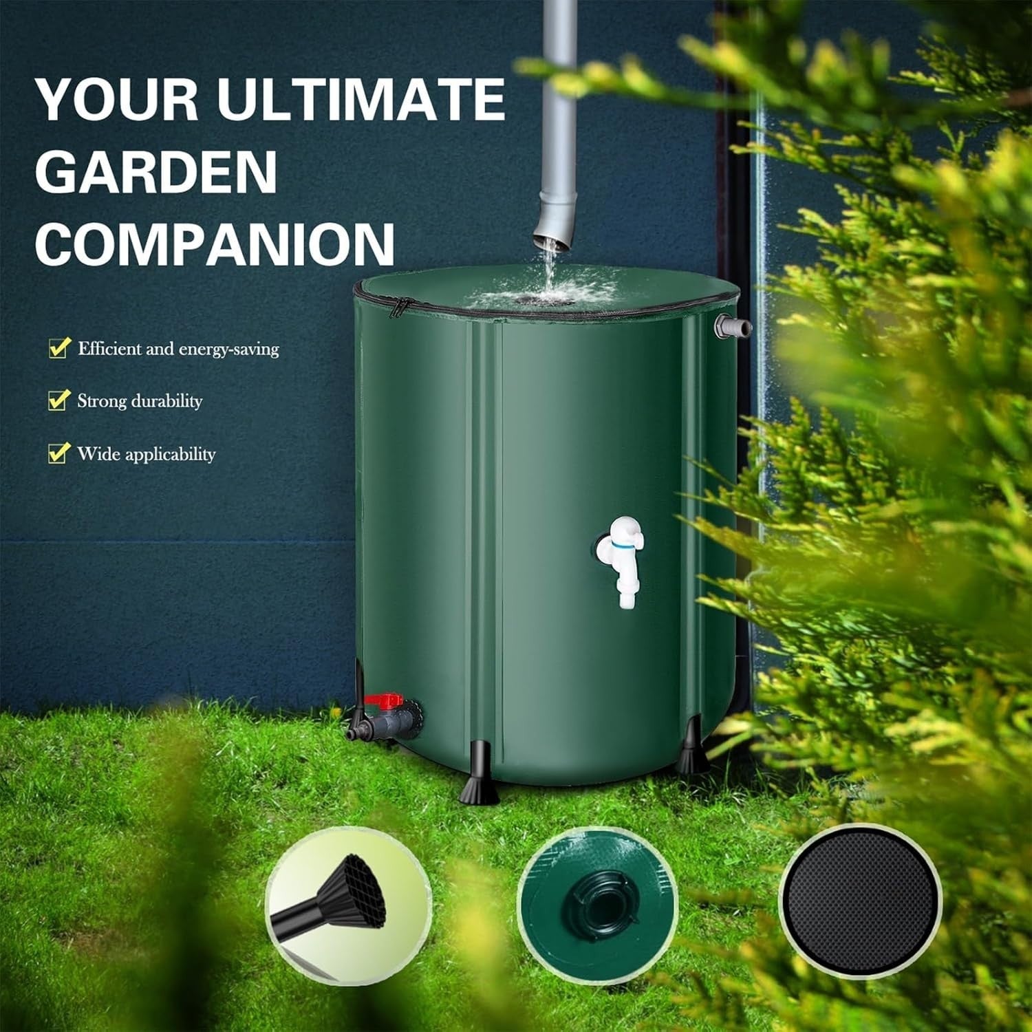 250L Collapsible Garden Water Butt, Portable Rainwater Barrel, Green