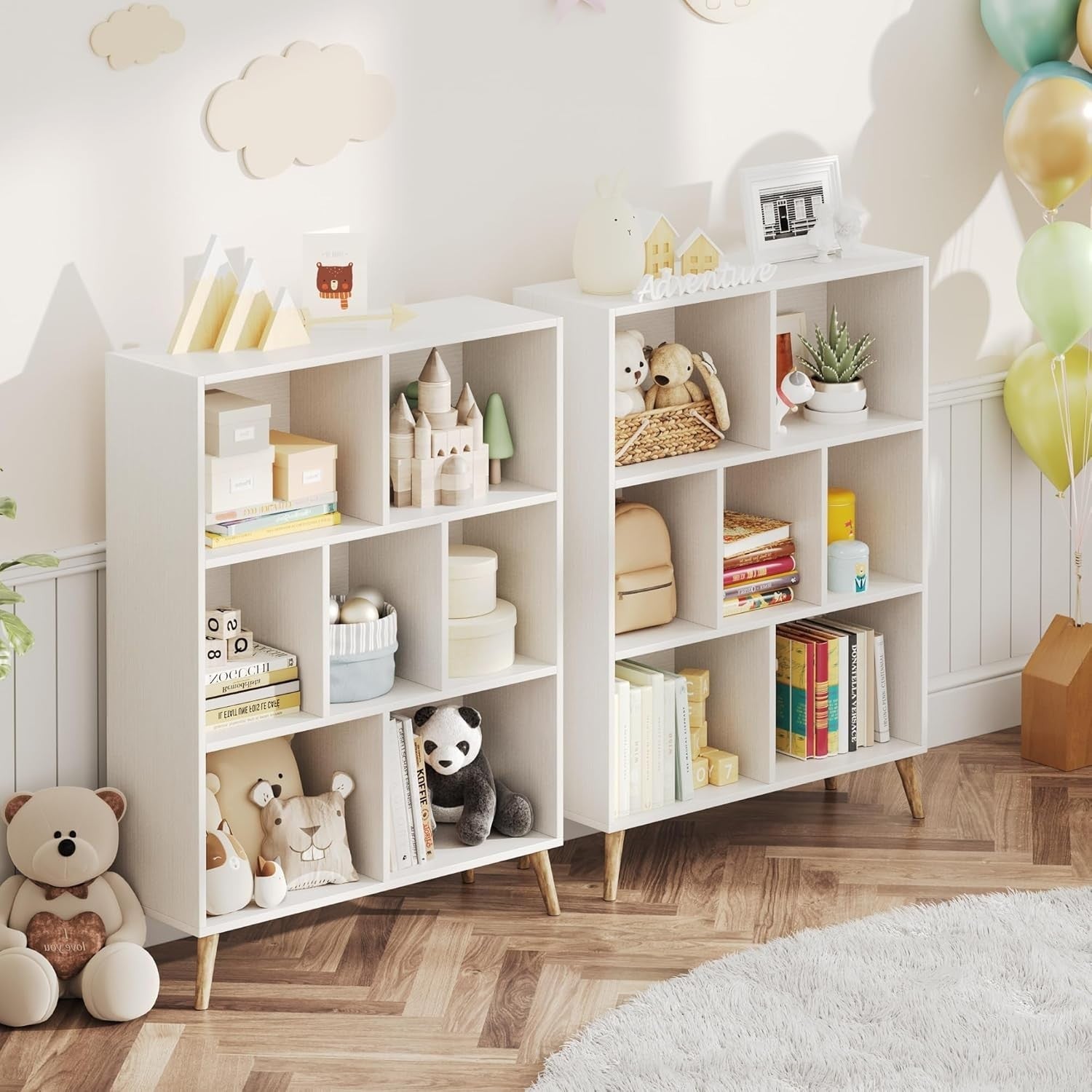 7 Cube White Wooden Bookcase Modern 3 Tier Storage Shelf with Legs 80x24x107cm