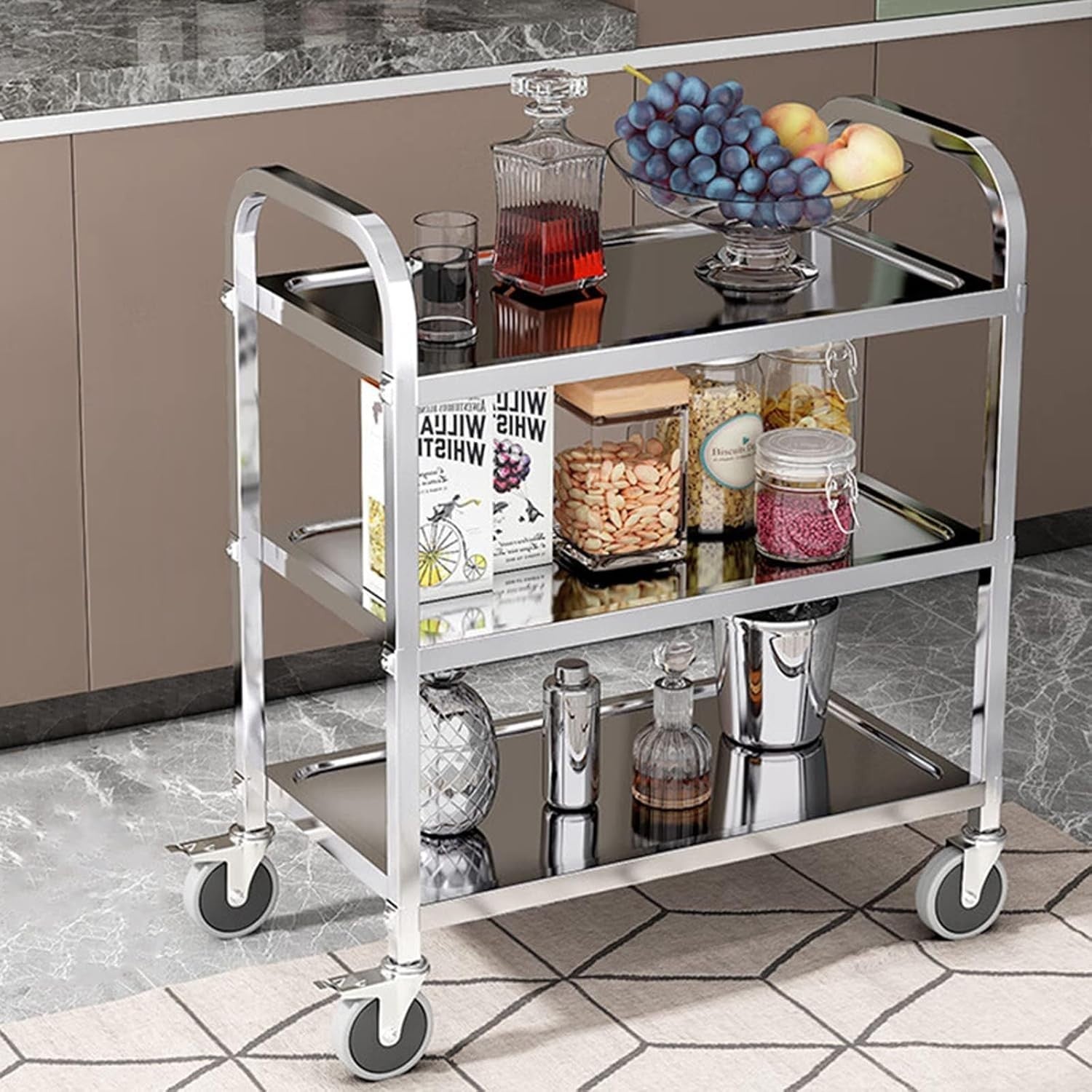 Large Stainless Steel 3 Tier Kitchen Trolley 100kg Cart