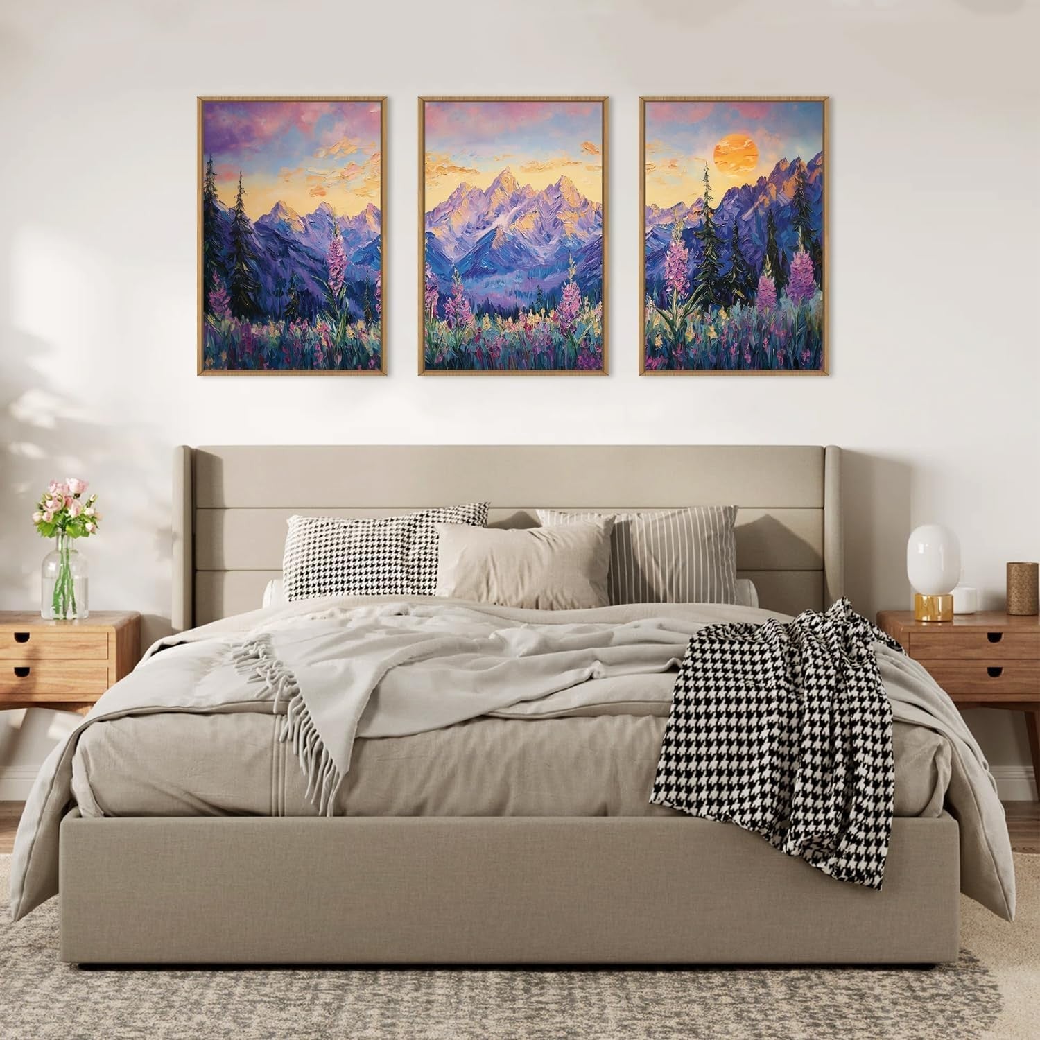 Purple Sunset Mountain Framed Canvas Wall Art Set 3 Nature Landscape Decor