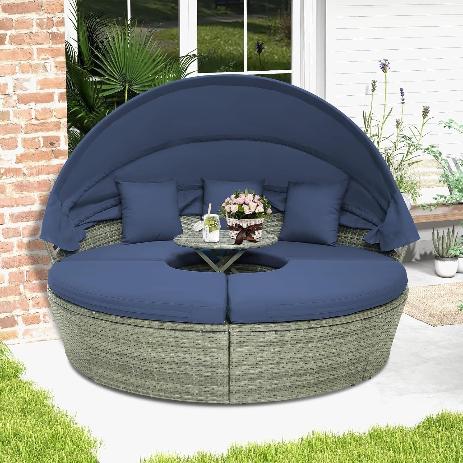 5‑Piece Modular Rattan Garden Daybed Set 190×177×146cm | Canopy & Table