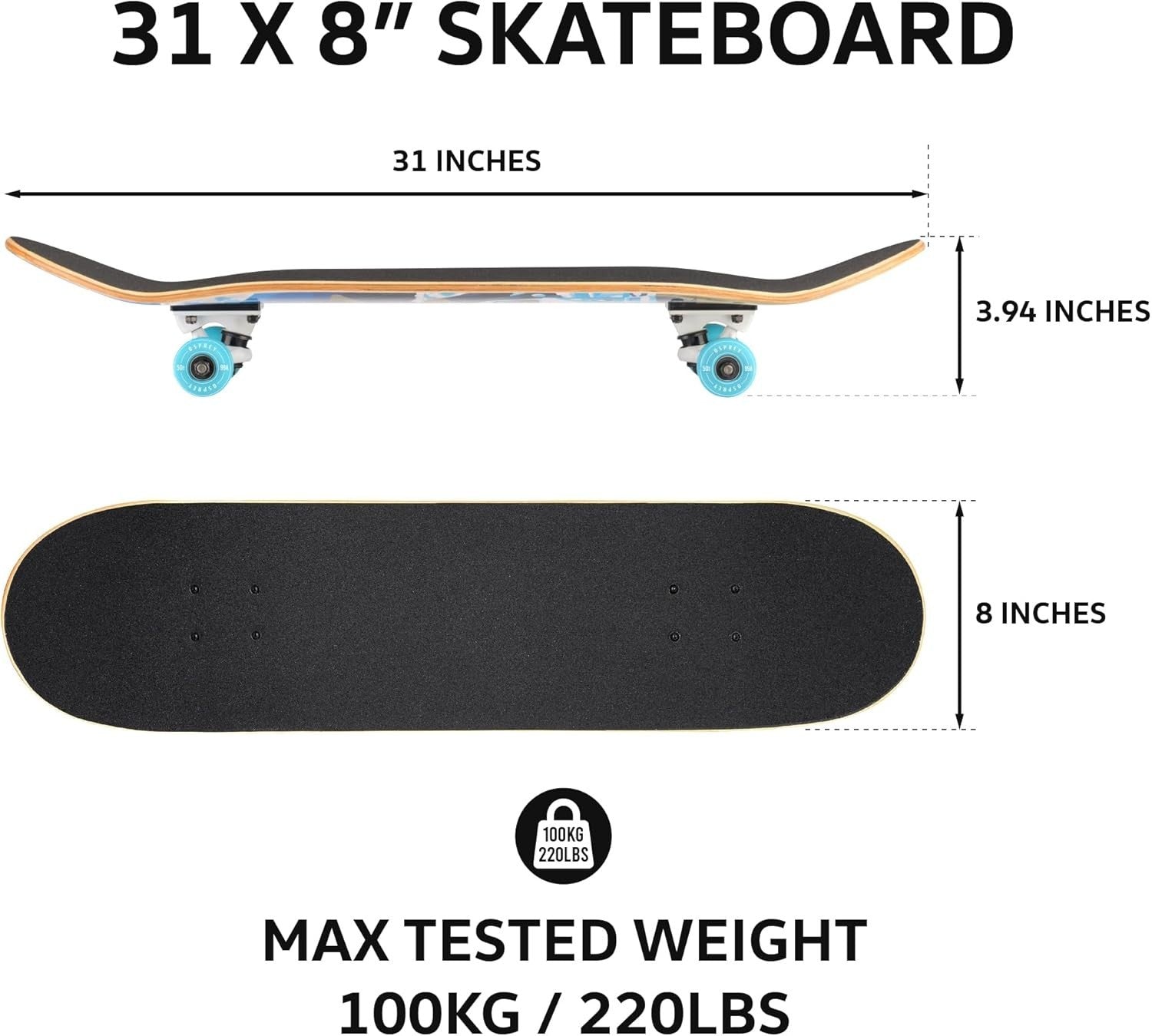 31" Double Kick Skateboard Maple Deck Grip Tape 54mm Wheels Youth Adult Cruiser