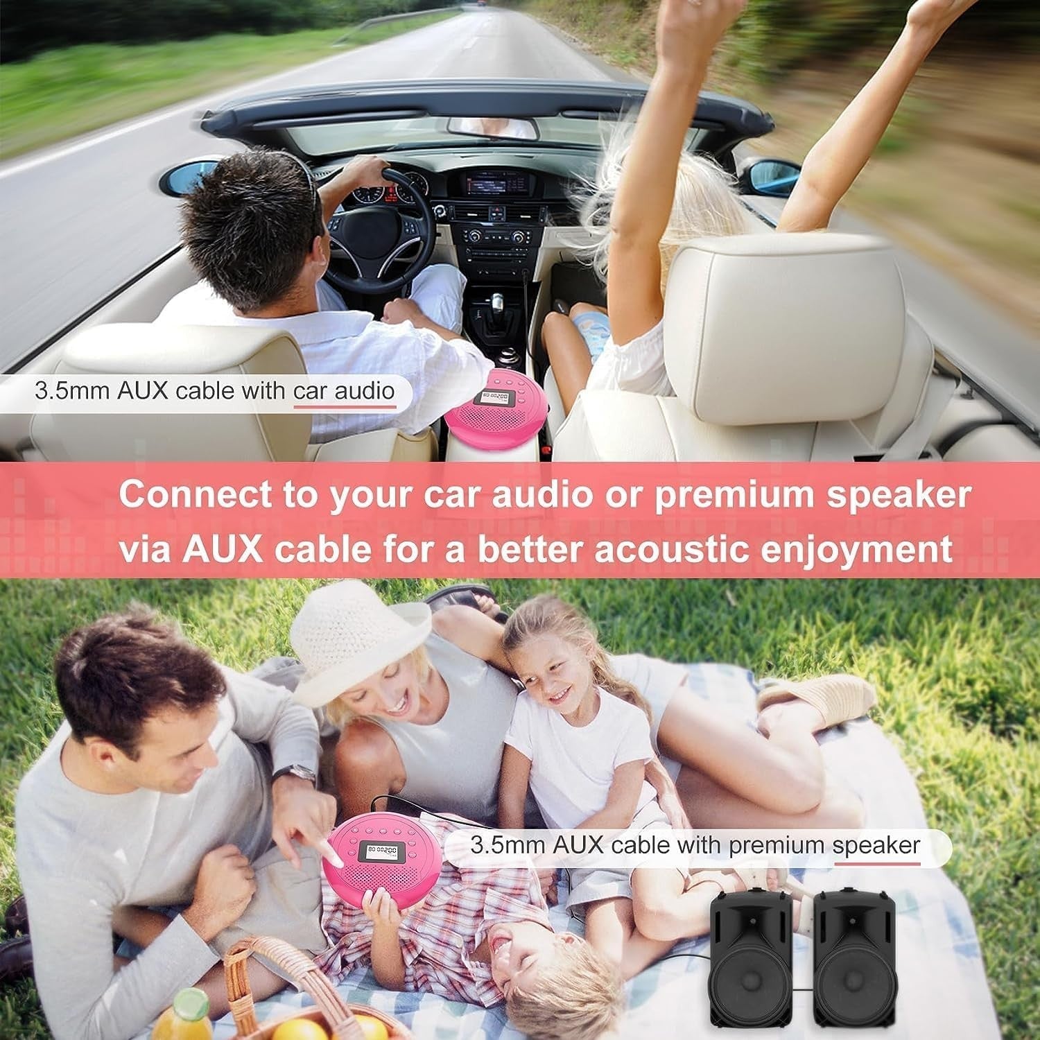 Portable CD Player Rechargeable Speakers Anti-Skip AUX Car TF Card