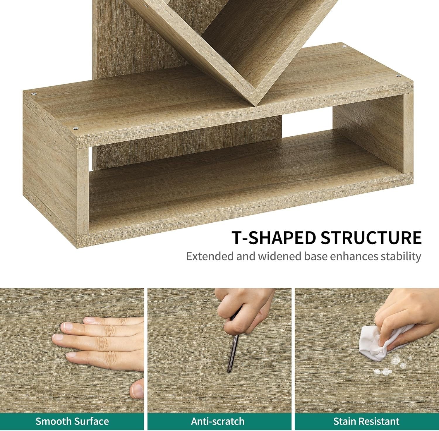 Tree Bookshelf with Drawer 5 Tier Oak  Wooden Bookcase Storage Rack
