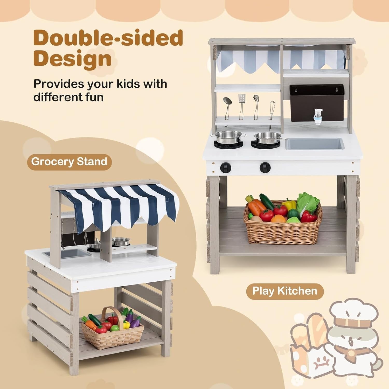 Outdoor Wooden Mud Kitchen Kids Play Cooker Grocery Stand Grey White