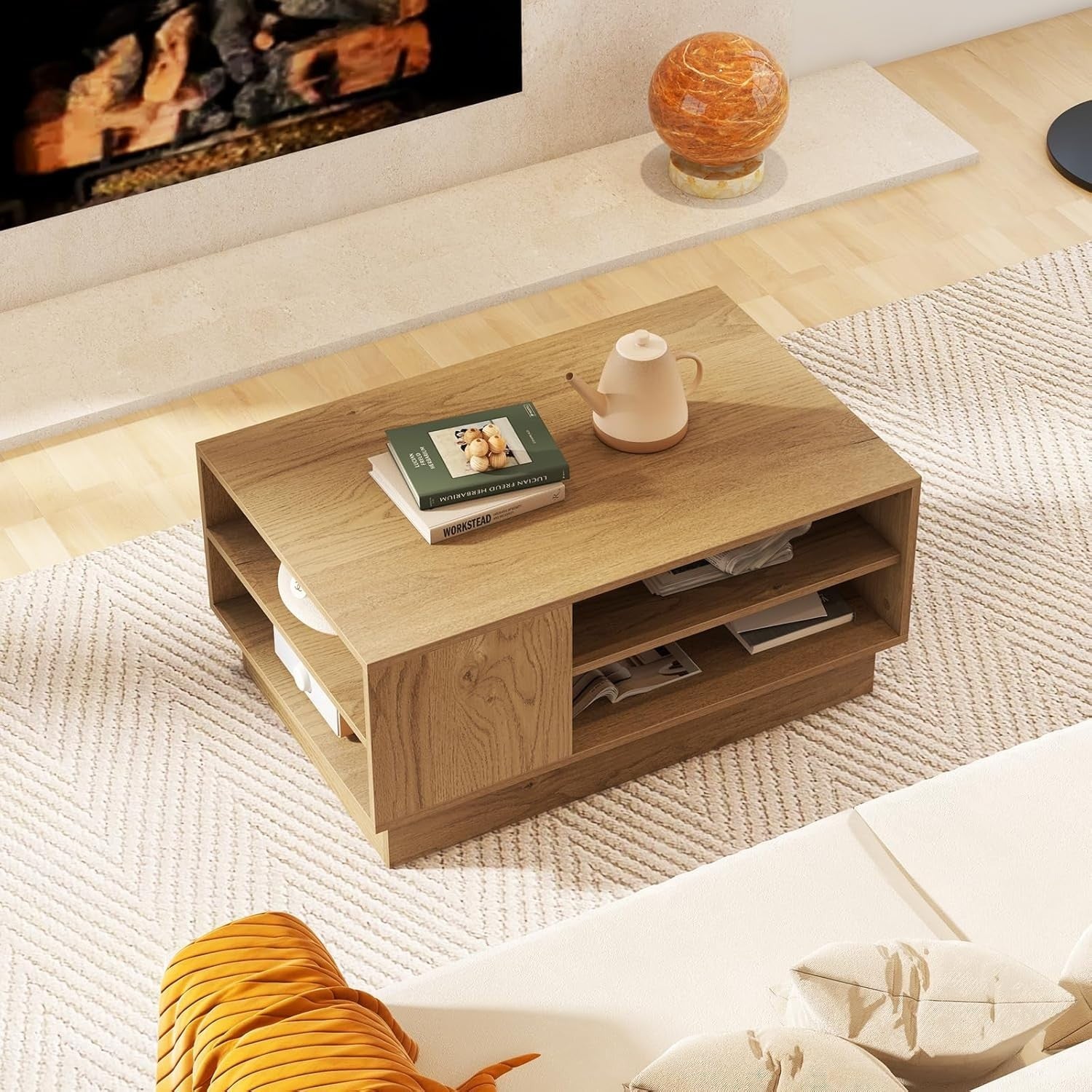 Modern Wooden Coffee Table with 2-Tier Storage & Recessed Base 86x56x41cm
