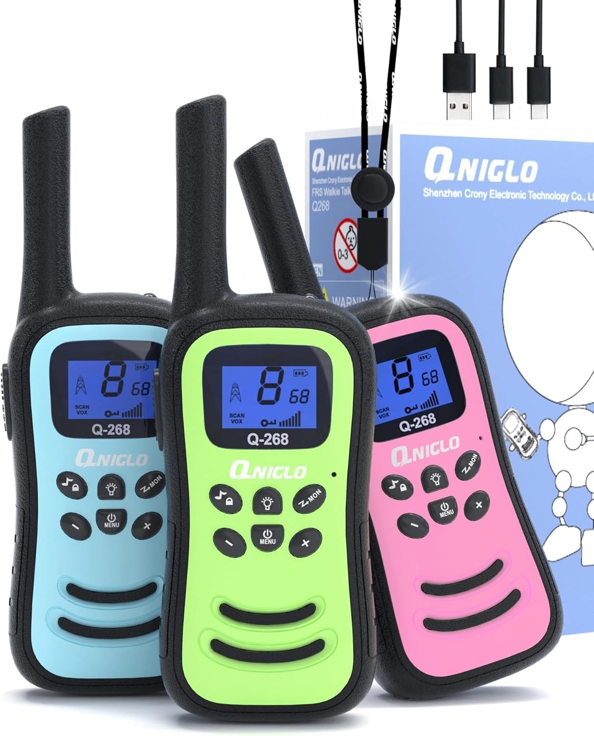 Rechargeable Walkie Talkies 3 Pack 8 Channel VOX LED Flashlight Radio
