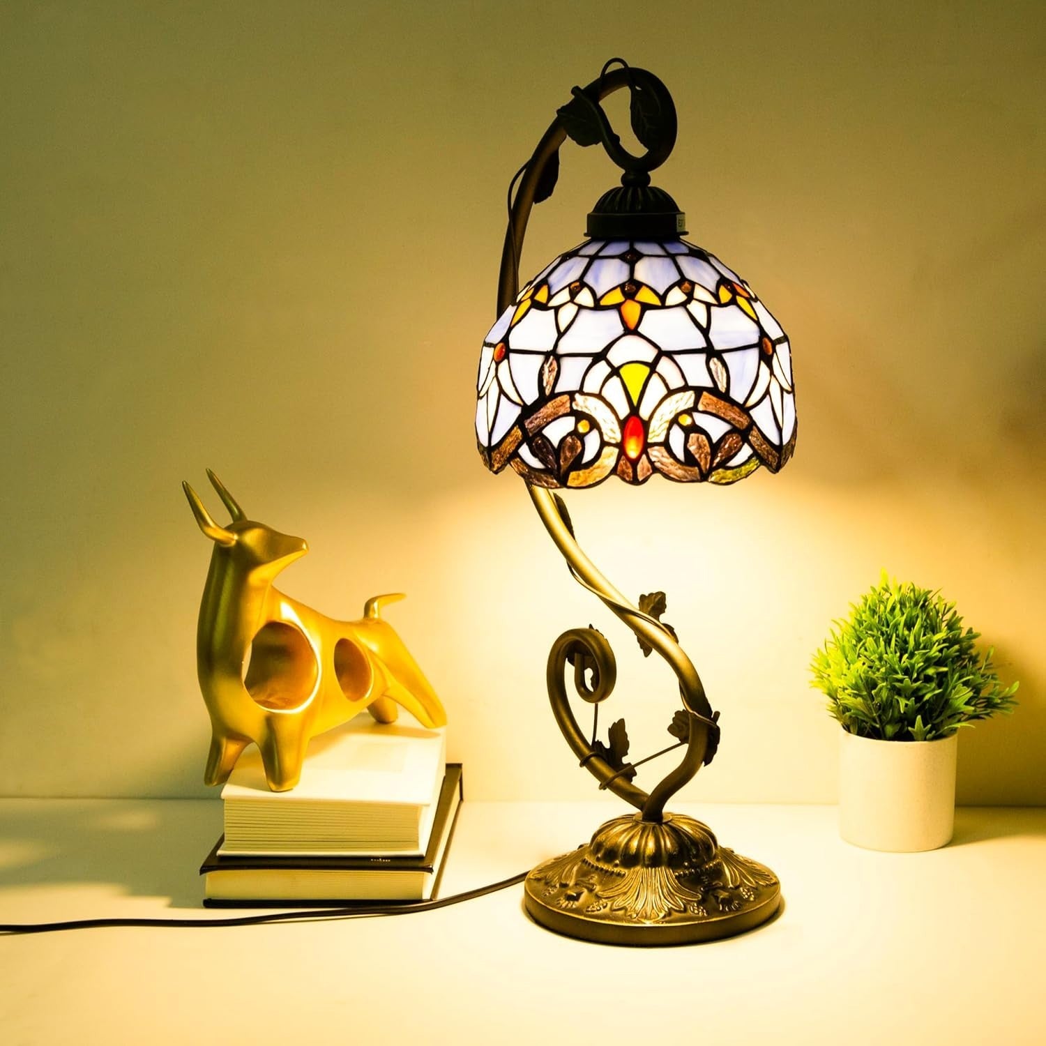 Stained Glass Desk Lamp Remote Dimming 3 Color Temp 11x11 Inch
