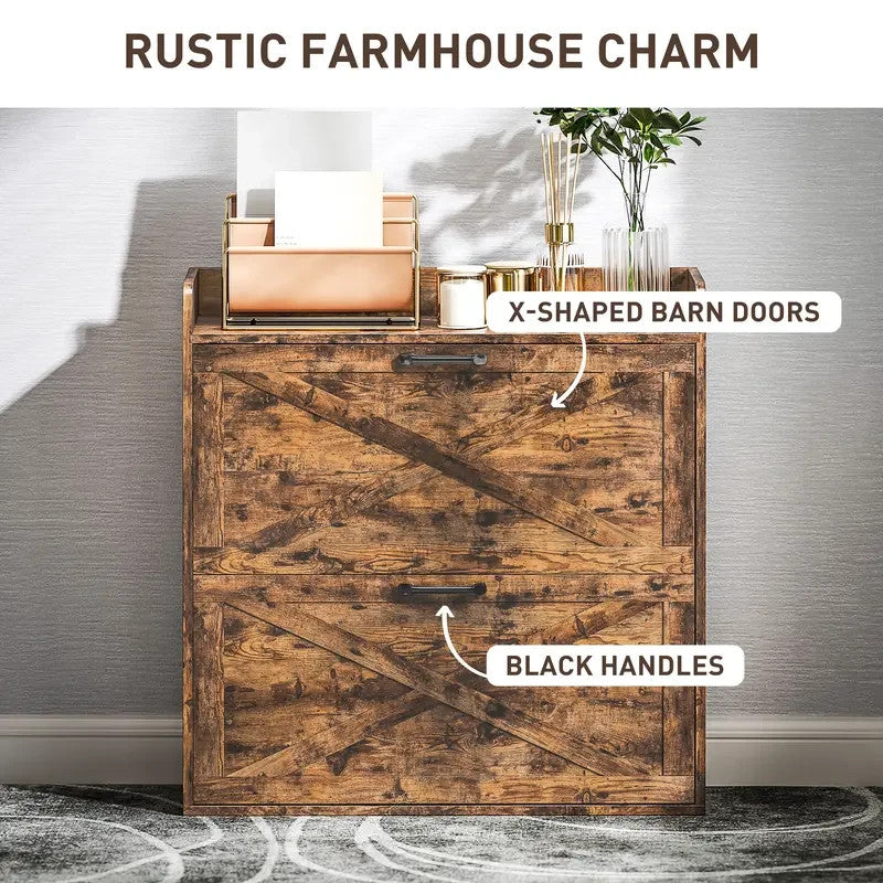 Rustic Farmhouse Shoe Cabinet with Flip Drawers & Barn Door Design – 80cm