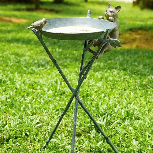 Curious Cat & Bird Aluminium Bird Bath – Elegant Outdoor Garden Ornament