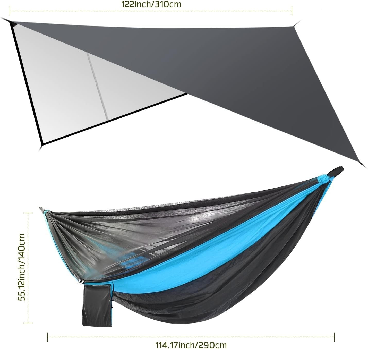 Portable Camping Hammock with Mosquito Net & Rain Fly, 290x140 cm, 200kg Load