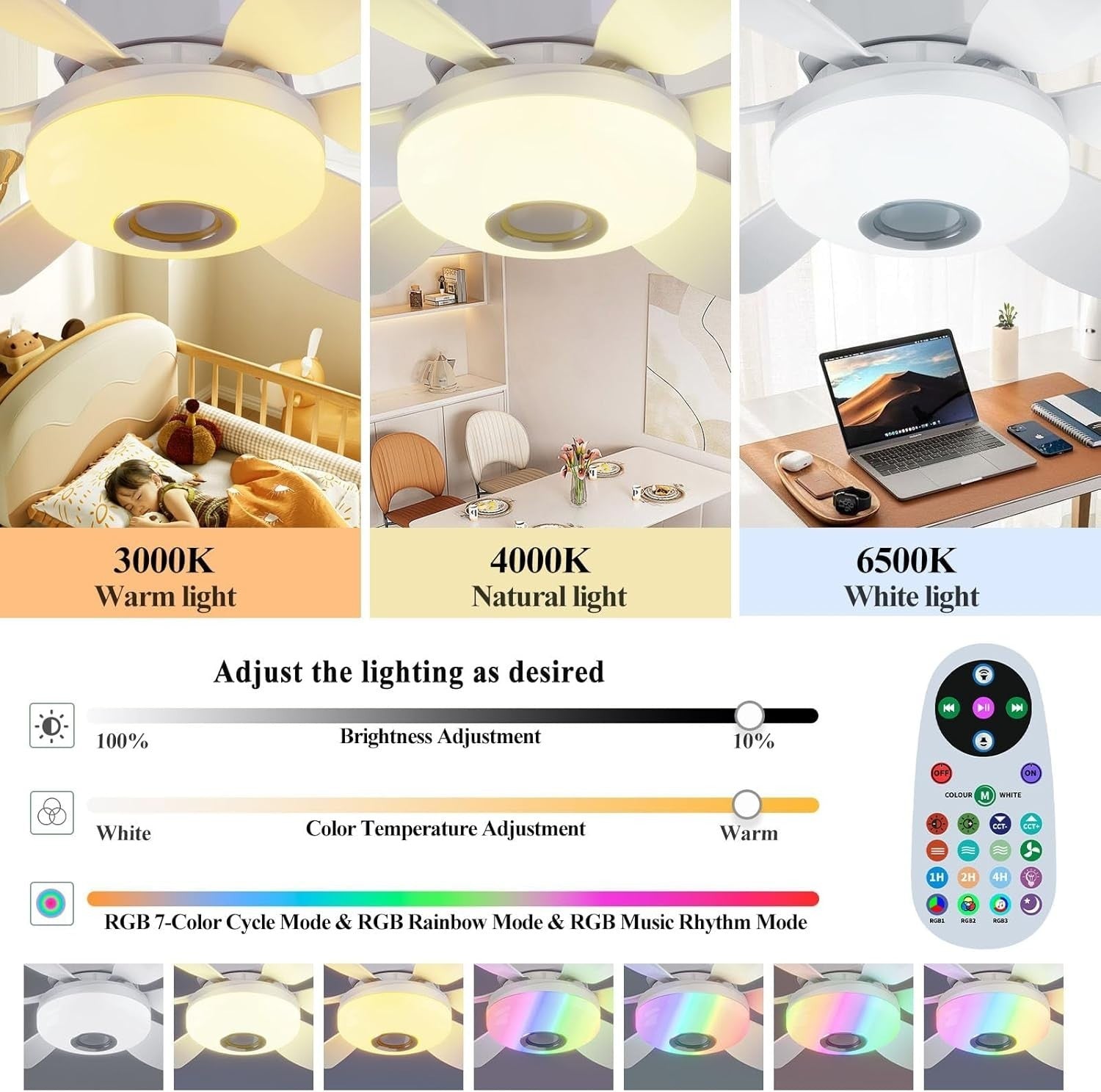 VIMAZ 32W Ceiling Fan with Lights, RGB Music, E27, 3-Speed, 6 Blades, Remote