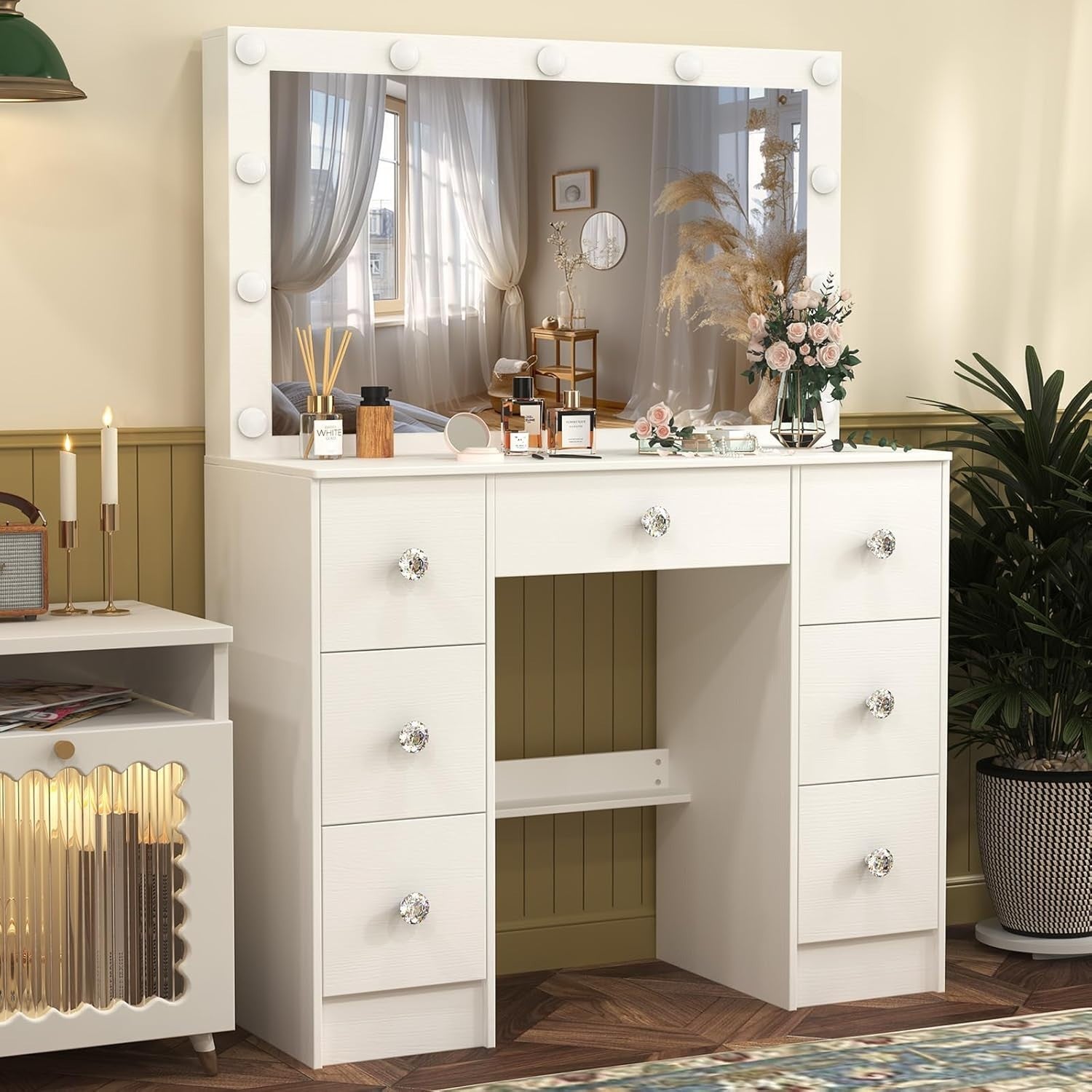 White Vanity Makeup Dresser Table 7 Drawers Large Mirror 3-Color LED Light Stool