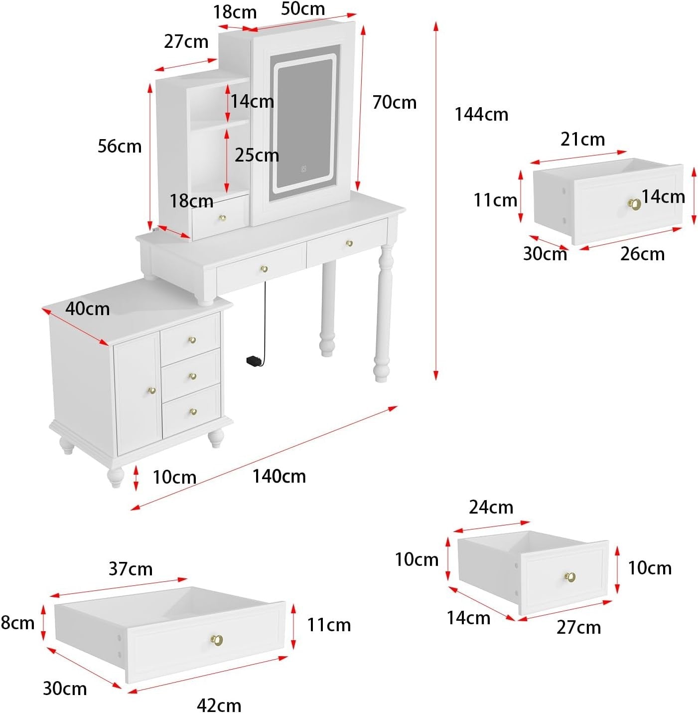 White Vanity Makeup Dressing Table 6 Drawers LED Mirror Modern Desk
