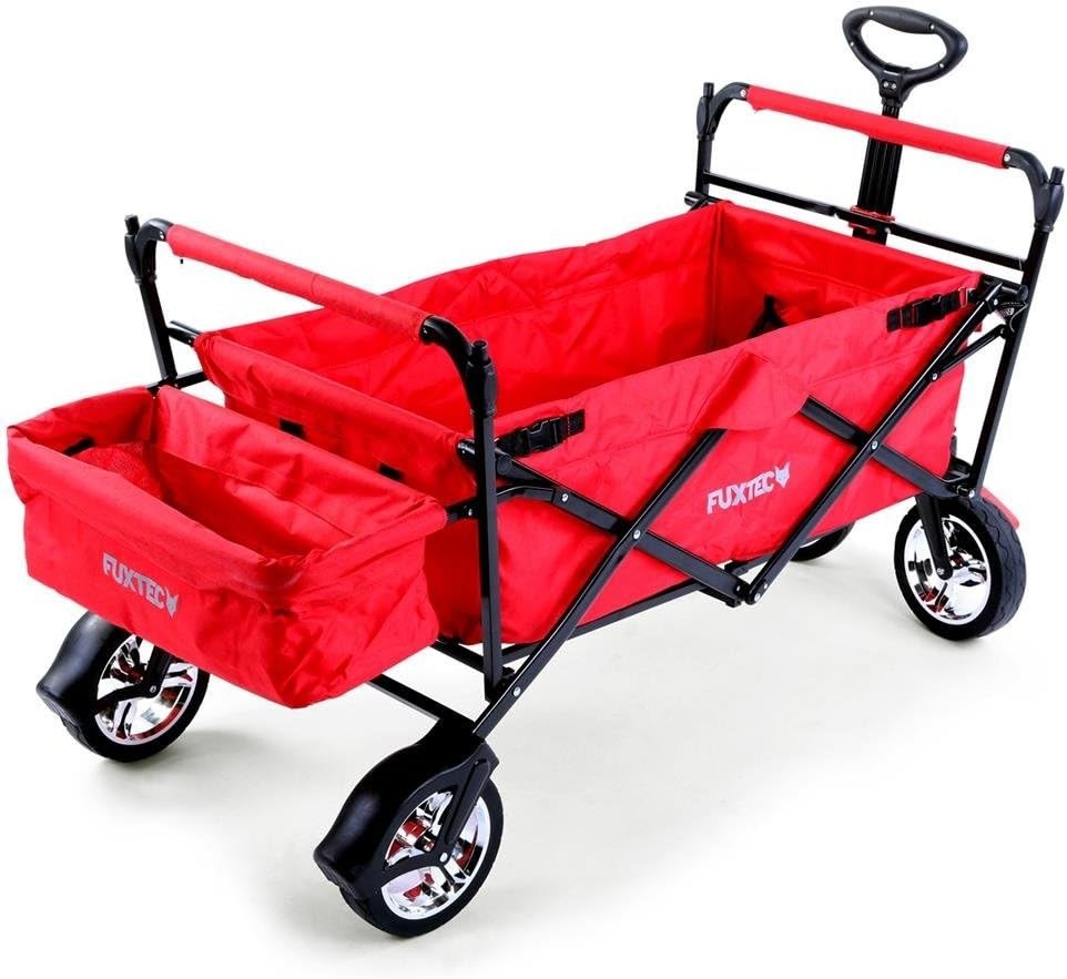 Red Kids Folding Wagon Push Pull Stroller Cart w/ Canopy & Storage Bag