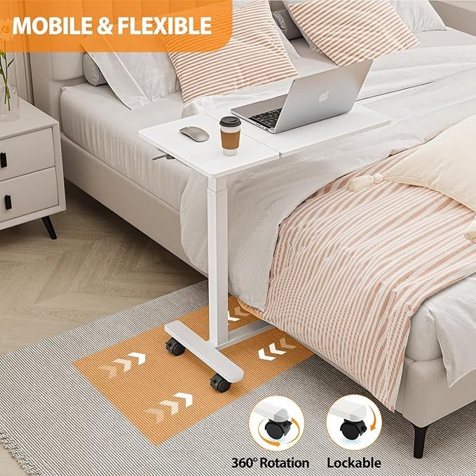 Overbed Laptop Table Tilt Top C Shaped Height Adjustable on Wheels 70x40cm White