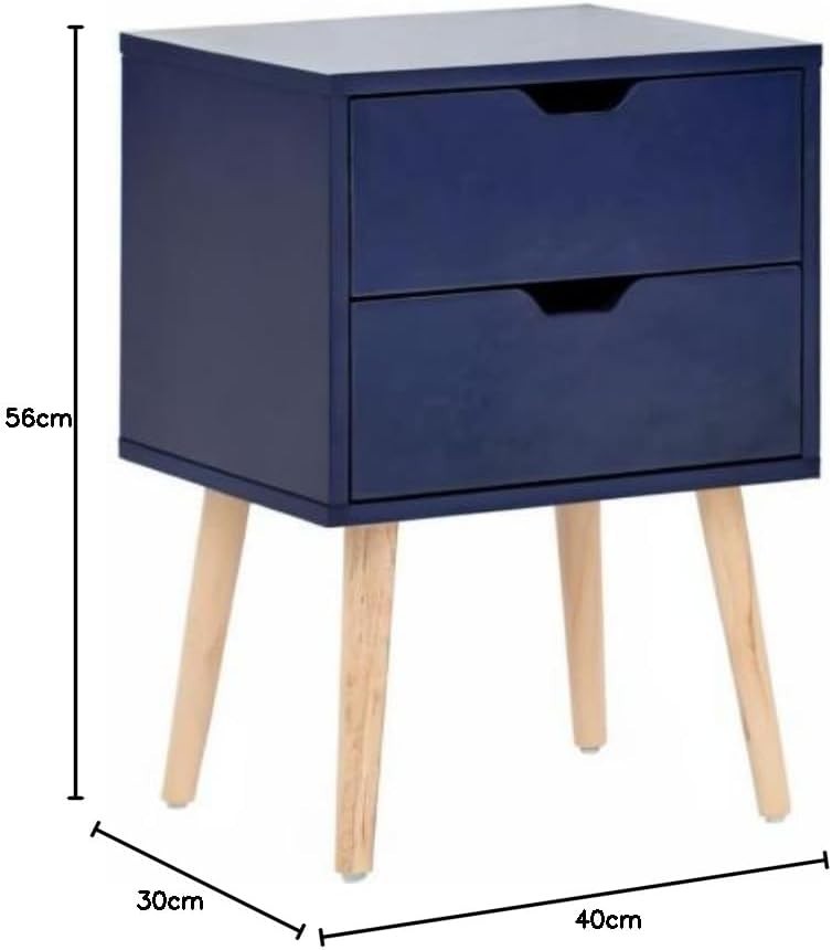 Set of 2 Blue Bedside Tables with 2 Drawers & Pine Legs | Scandinavian