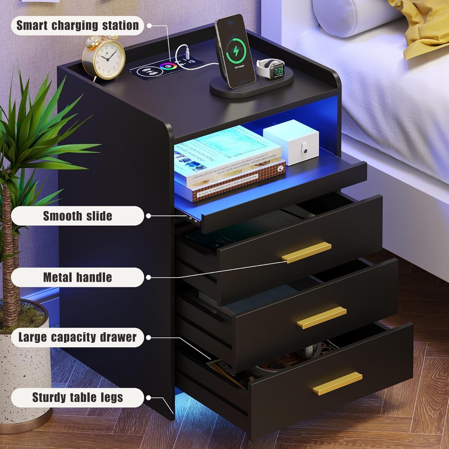 Black Bedside Table with LED Light, Charging Ports & 3 Drawer Storage Unit