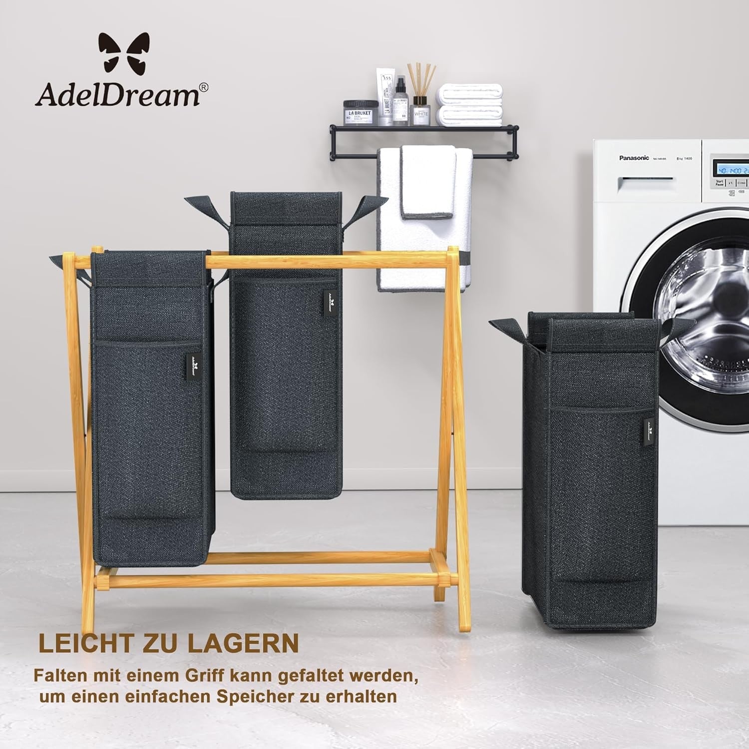 3 Compartment Bamboo Laundry Hamper 150L Foldable Sorting Basket Grey