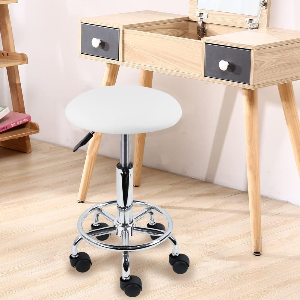 White Adjustable Swivel Rolling Stool with Wheels – PU Leather Seat